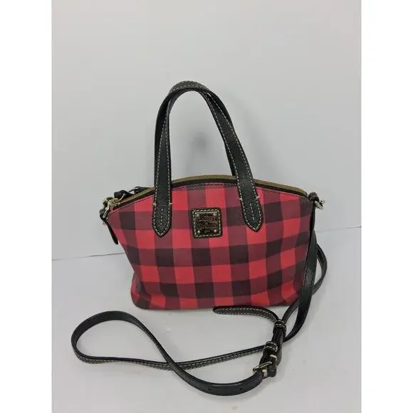Dooney & Bourke Buffalo Plaid Small Satchel Red Black Crossbody Bag Leather Trim - Picture 2 of 16